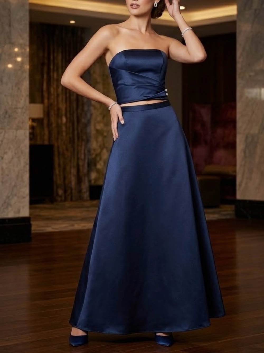 Size 13/14 Mori Lee Dark Blue 2-Piece Strapless Ruched A-Line Maxi Formal Gown